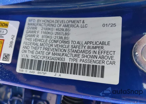 2025 Honda Accord Hybrid Sport z USA, uszkodzony, nr VIN 1HGCY2F5XSA024003